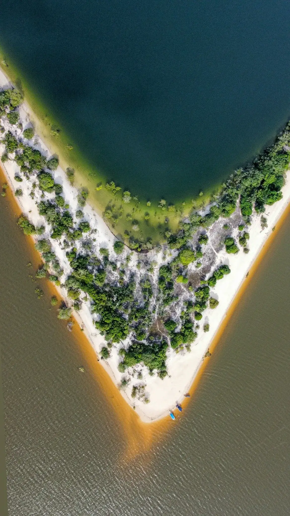 Vista aérea de uma ponta de areia branca com vegetação entre uma lagoa e as águas do rio Tapajós, na região de Alter do Chão