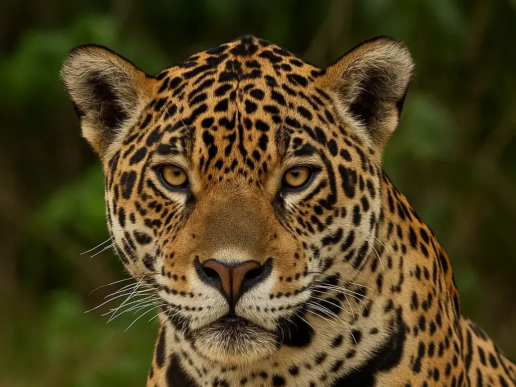 Onça-pintada encarando a câmera, com a mata verde do Pantanal ao fundo