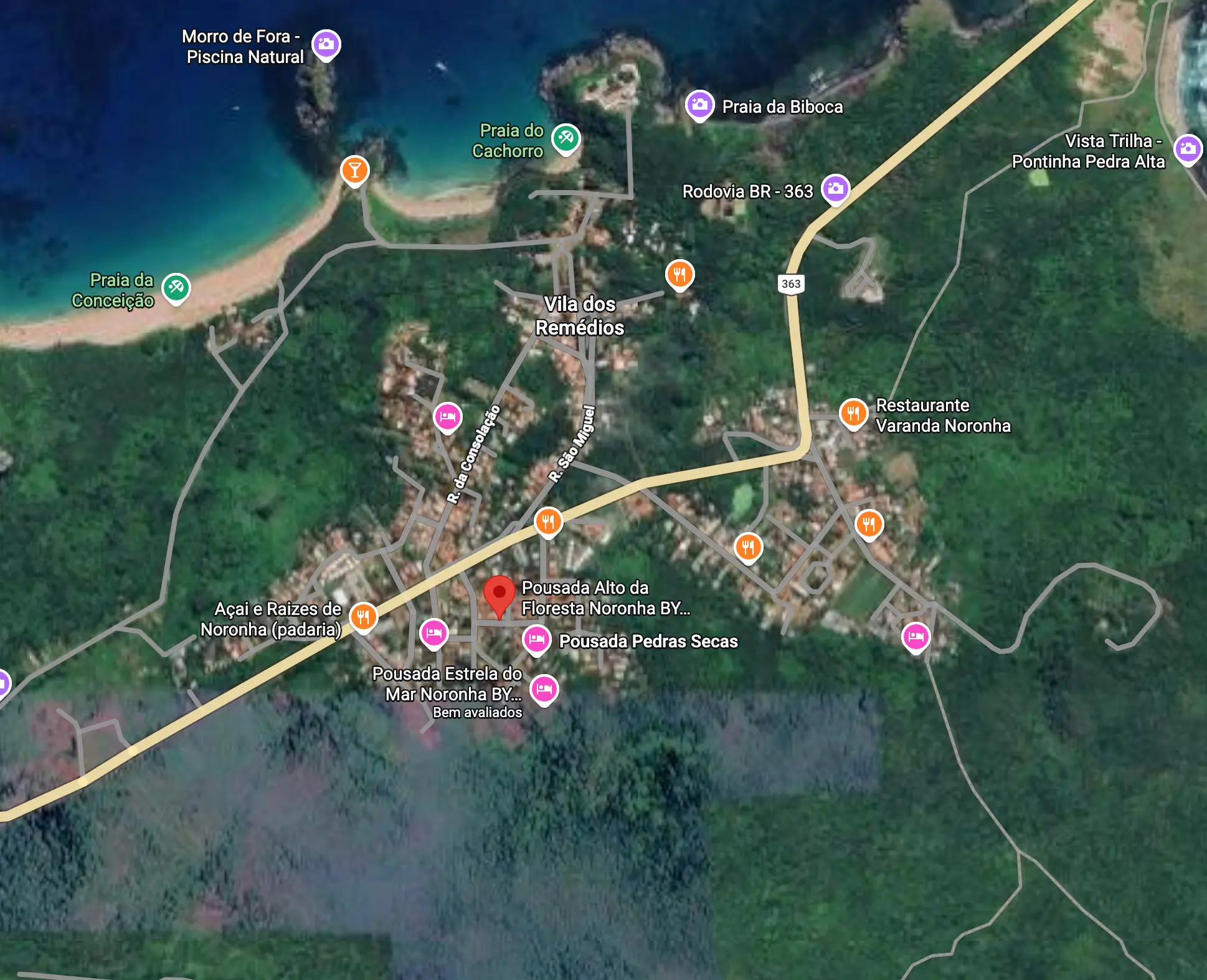 Localização da Pousada Alto da Floresta na Vila dos Remédios, Fernando de Noronha